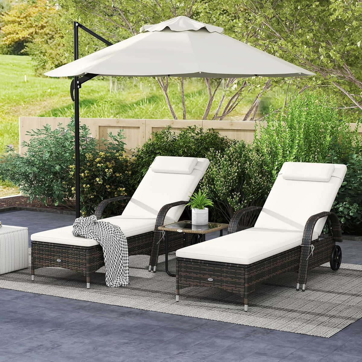 Wicker Outdoor Chaise Lounge. 5-Level Adjustable Backrest PE Rattan Pool Lounge Chair with Wheels. Cushion & Headrest. Brown and Dark Blue