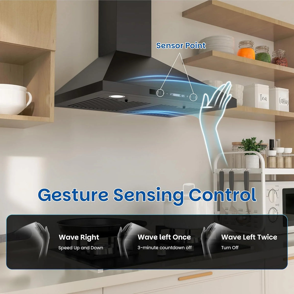 Wall-mounted black kitchen exhaust hood. 30 inches. 900 cubic feet per minute. built-in exhaust duct. three-speed exhaust fan. gesture/touch control. timer function. two baffles filters. stainless steel stove exhaust hood