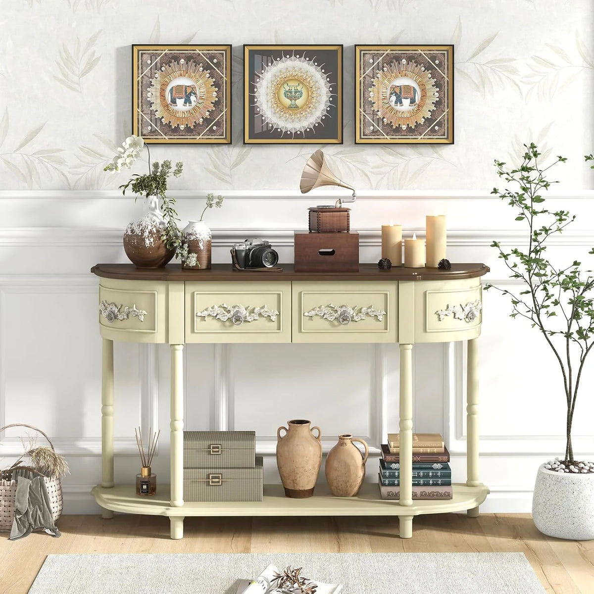 Retro game console table with drawer. 52-inch narrow sofa table with open shelves. table with storage function at the half-moon entrance. solid wood legs. entrance table for retro living room corridor. beige color scheme