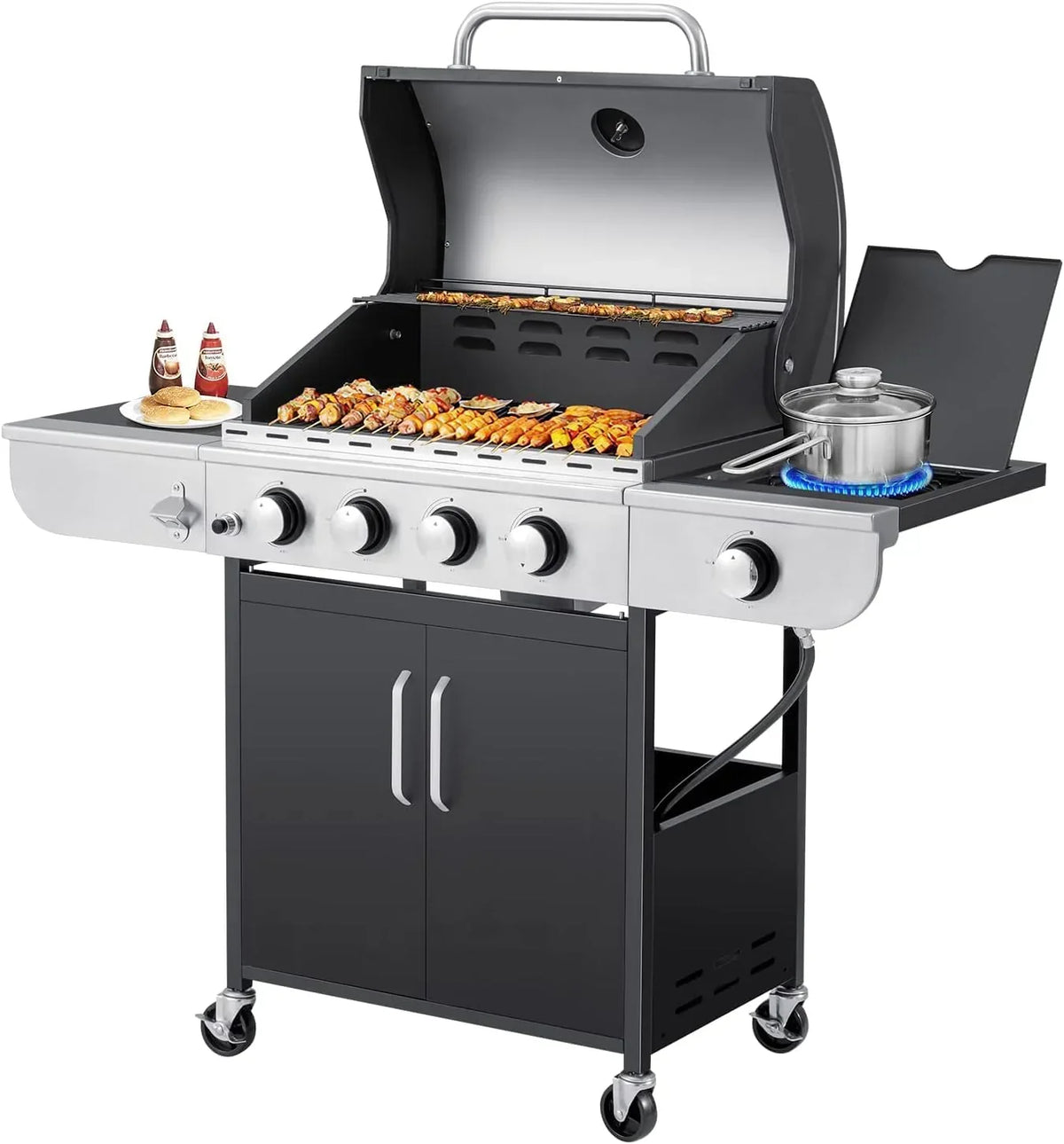 4-Burner Propane Gas Grill with Cast Iron Grates. Side Stove and 44.000 BTU Stainless Steel Burners