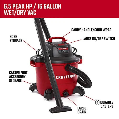 16 Gallon 6.5 Peak HP Wet/Dry Vac. Heavy-Duty Shop Vacuum