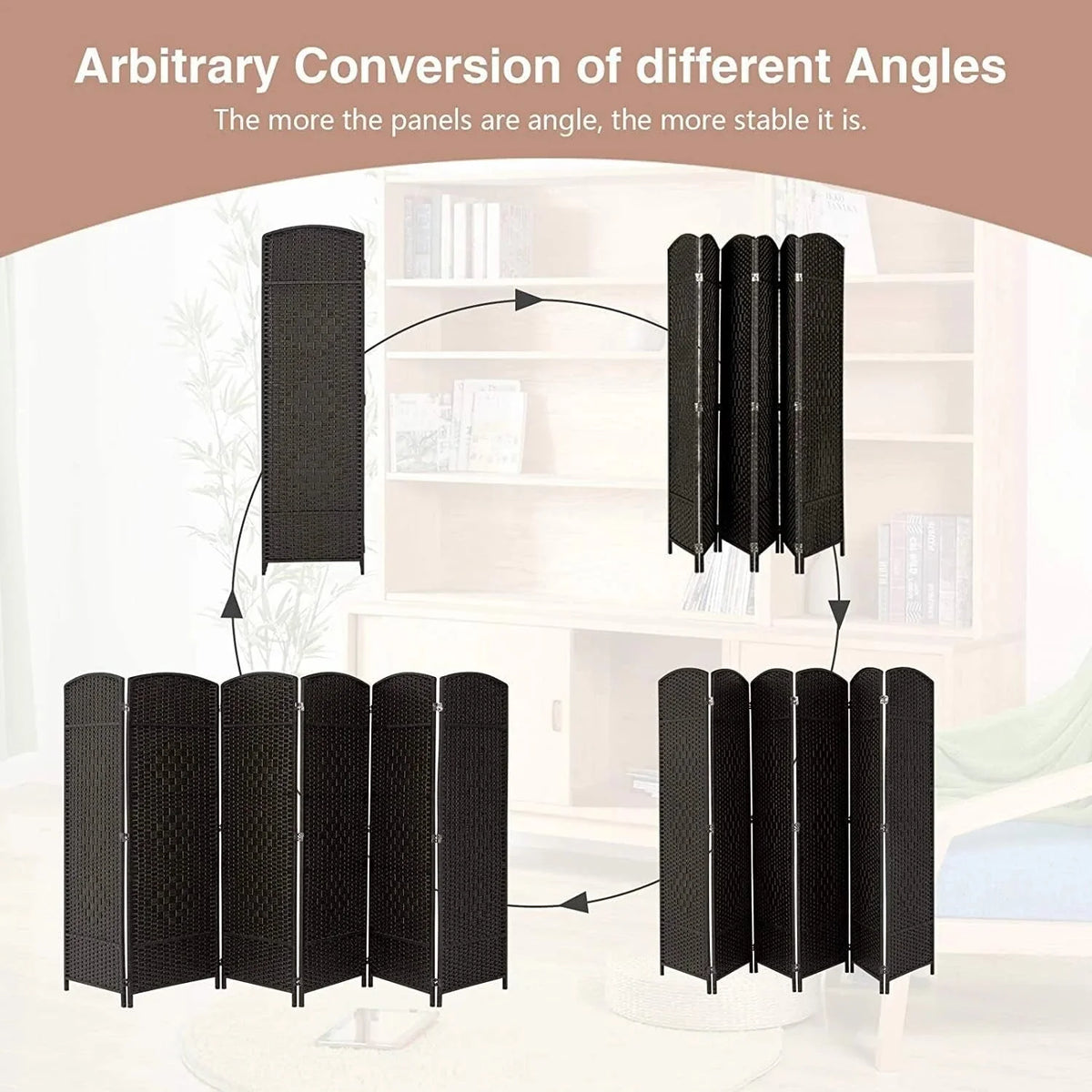 6 FT Tall Woven Fiber Room Divider. Freestanding Folding Privacy Screen