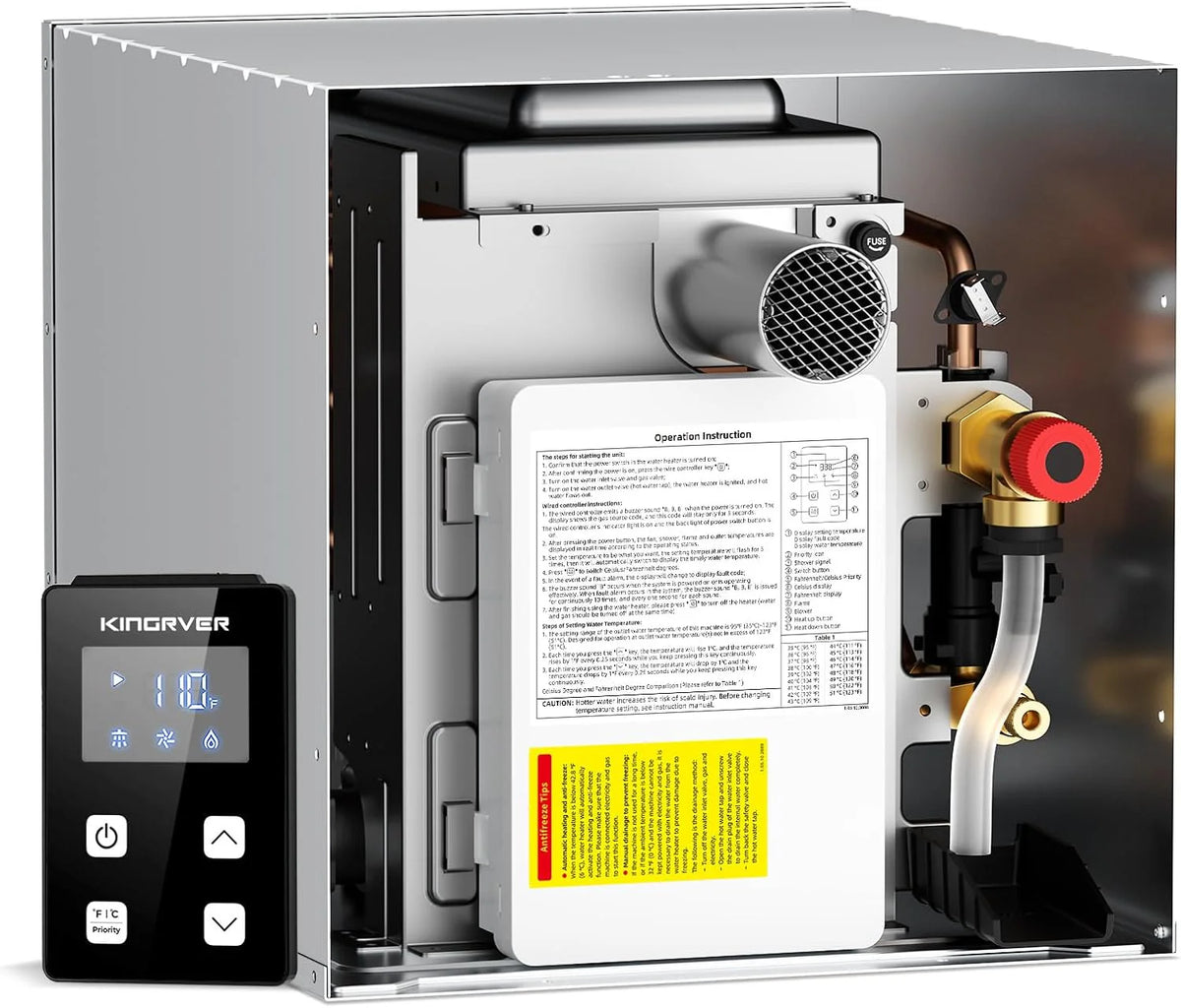 RV Tankless Water Heater without Door. . Propane Gas. DC 12V. 3 Optional Door Sizes 15x15. 15x18 and 18x18 for Refitment. Compatible with All RVs. Sufficient Power. High Altitude