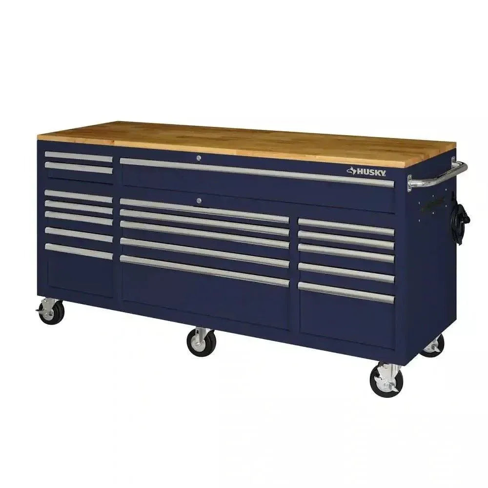 72-Inch 18-Drawer Mobile Workbench with Solid Wood Top. Gloss Blue