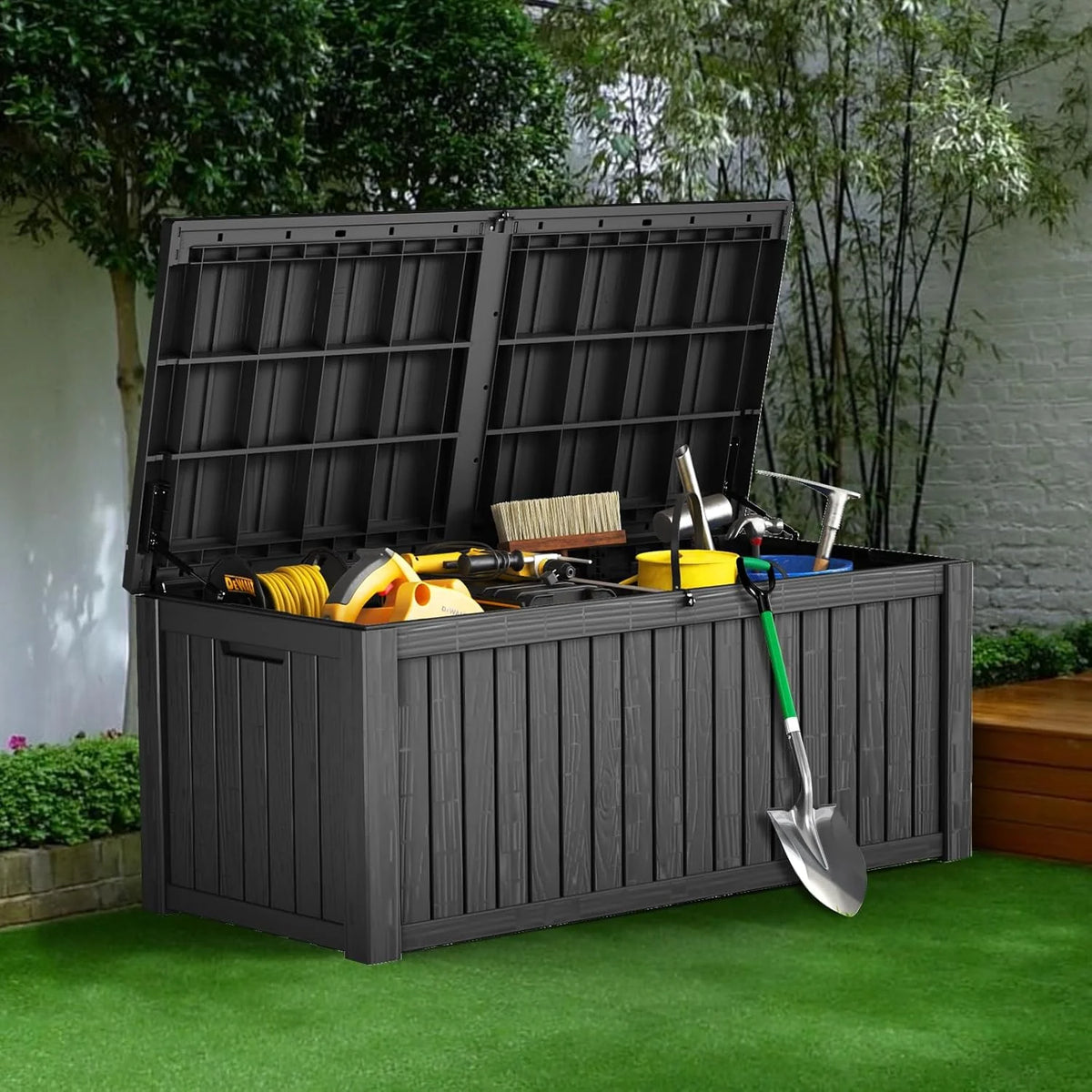 260-gallon large outdoor storage XL outdoor box. suitable for garden furniture. outdoor cushions. garden tools. sports equipment and pool supplies. Made of waterproof resin material. lockable. in gray color scheme.