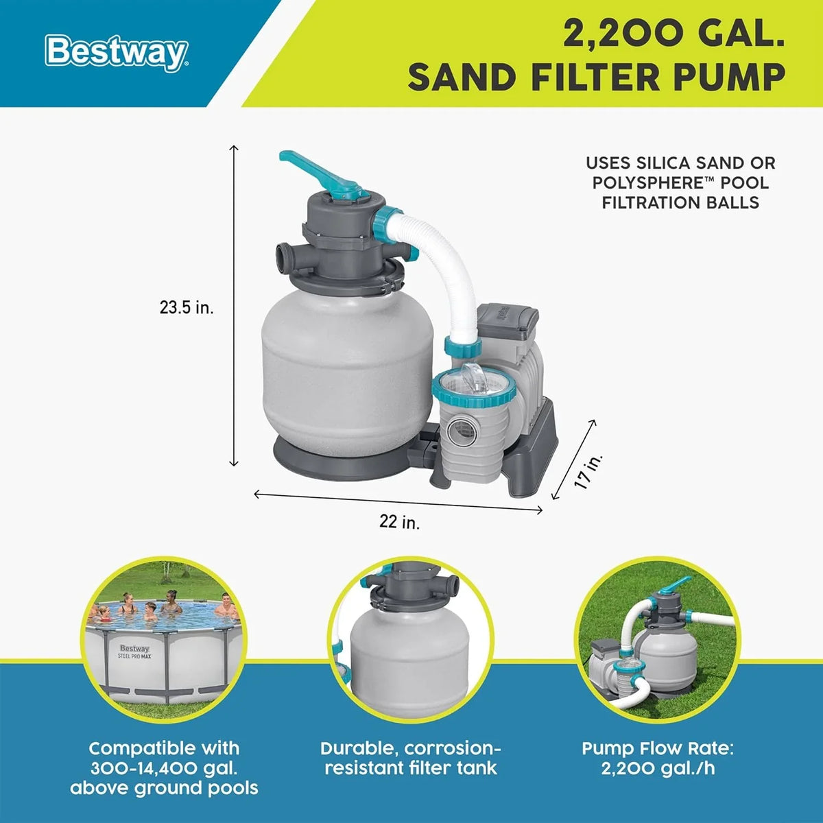2.200 GPH Sand Filter Pump for Above Ground Pools. High Flow Swimming Pool Filtration System
