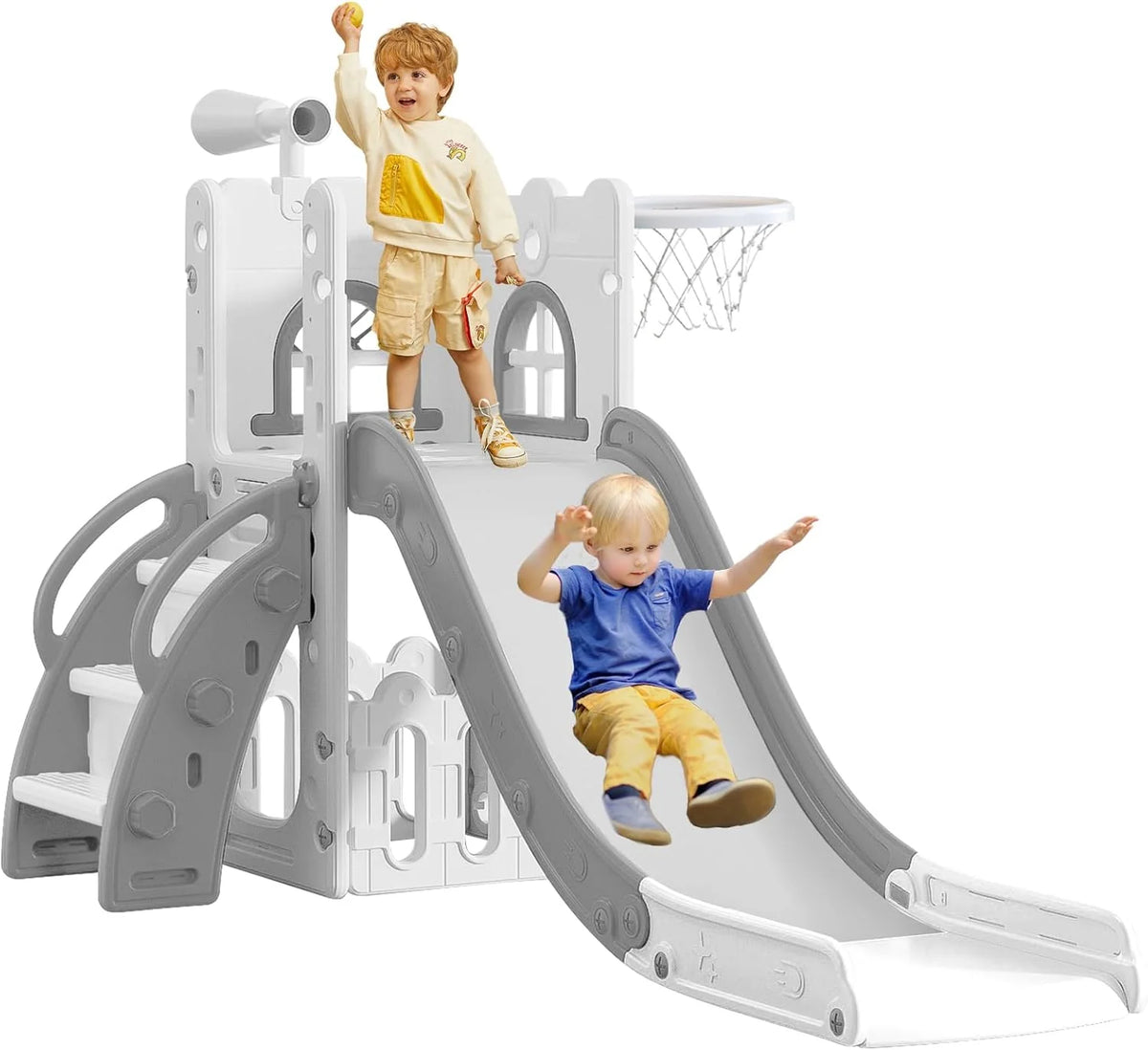 6 in 1 Toddler Slide for Toddler Age 1-3.Kids Climber Slider for Indoor Outdoor Playground with Basketball Hoop.Storage and Telescope.L Shaped Slide for Toddler Climber Playset