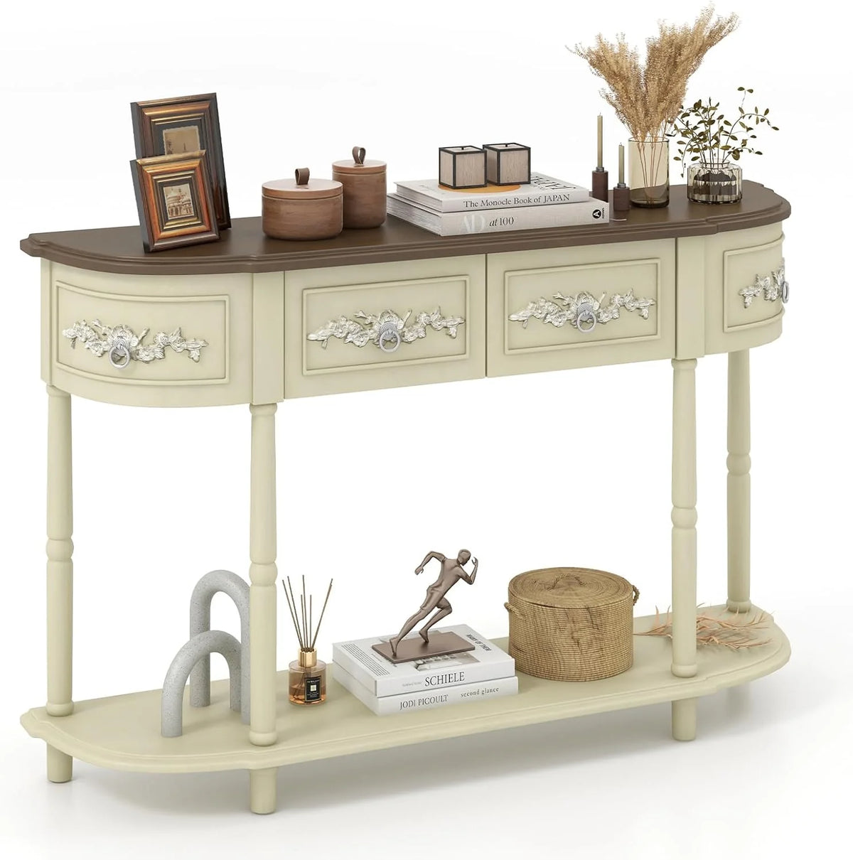 Retro game console table with drawer. 52-inch narrow sofa table with open shelves. table with storage function at the half-moon entrance. solid wood legs. entrance table for retro living room corridor. beige color scheme