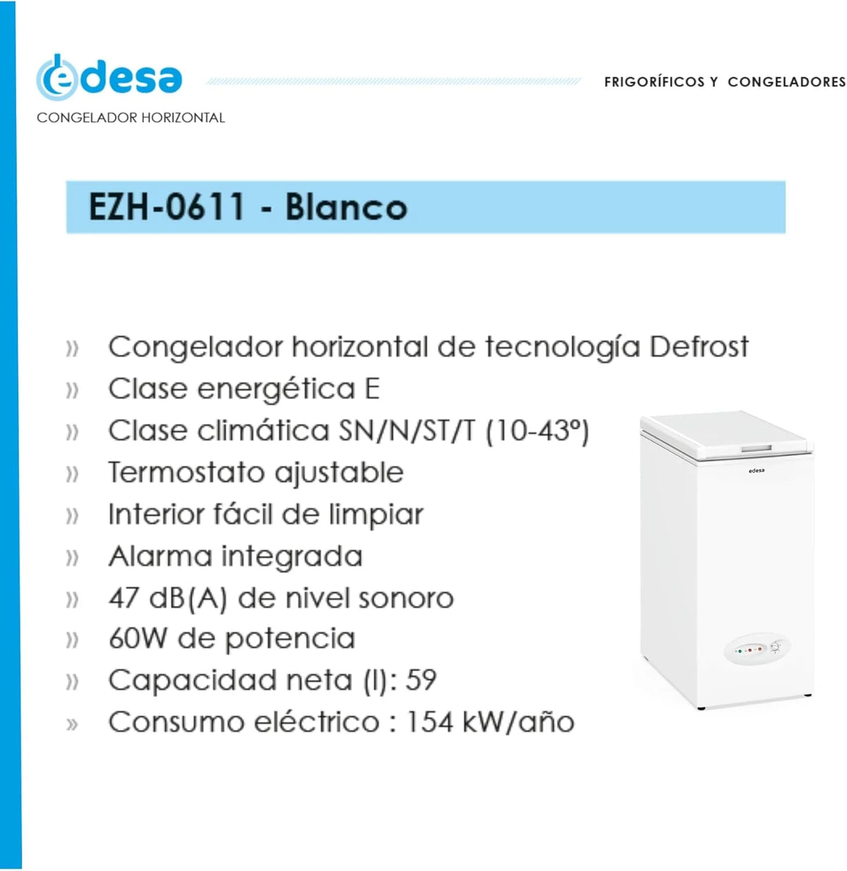 Edesa Congelador Horizontal EZH-0611. Altura 0.84 m. Termostato Ajustable. Fácil Limpieza. Alarma Integrada. Bajo Nivel Sonoro. Gran Capacidad 59 l.
