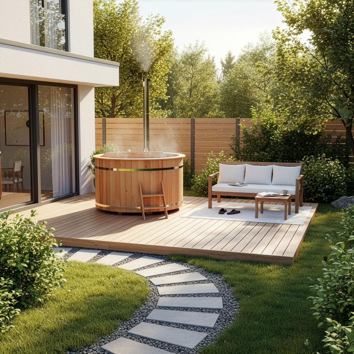 Holz Badefass Bergen. Hot Tub Ø 160 x 110 cm. inkl. Edelstahl-Ofen 22 kW und Einstiegsleiter. 3-4 Personen. Schwimmbecken. Badebottich. Sprudelbad
