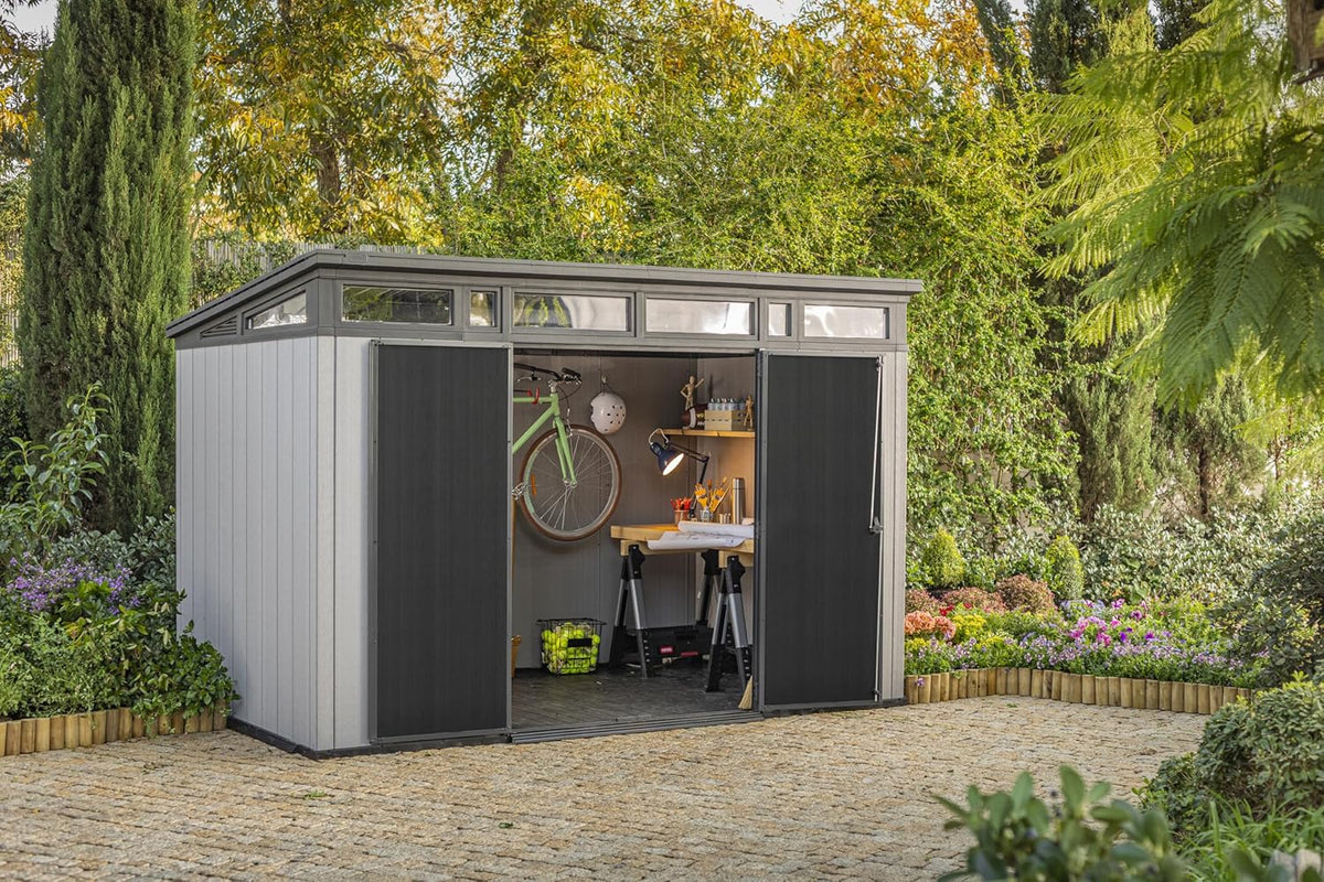 11 x 7-Ft. Resin Outdoor Storage Shed for Patio Furniture. Garden Tools. Bikes and Lawn Mowers