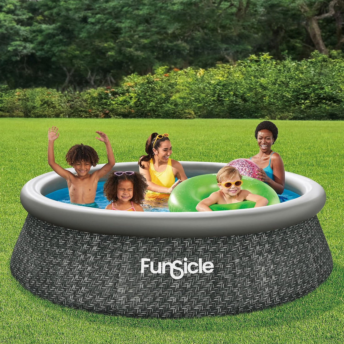 12 Foot by 36 Inch Quickset Round Inflatable Ring Top Outdoor Above Ground Swimming Pool Set with Pump and Cartridge Filter. Dark Herringbone