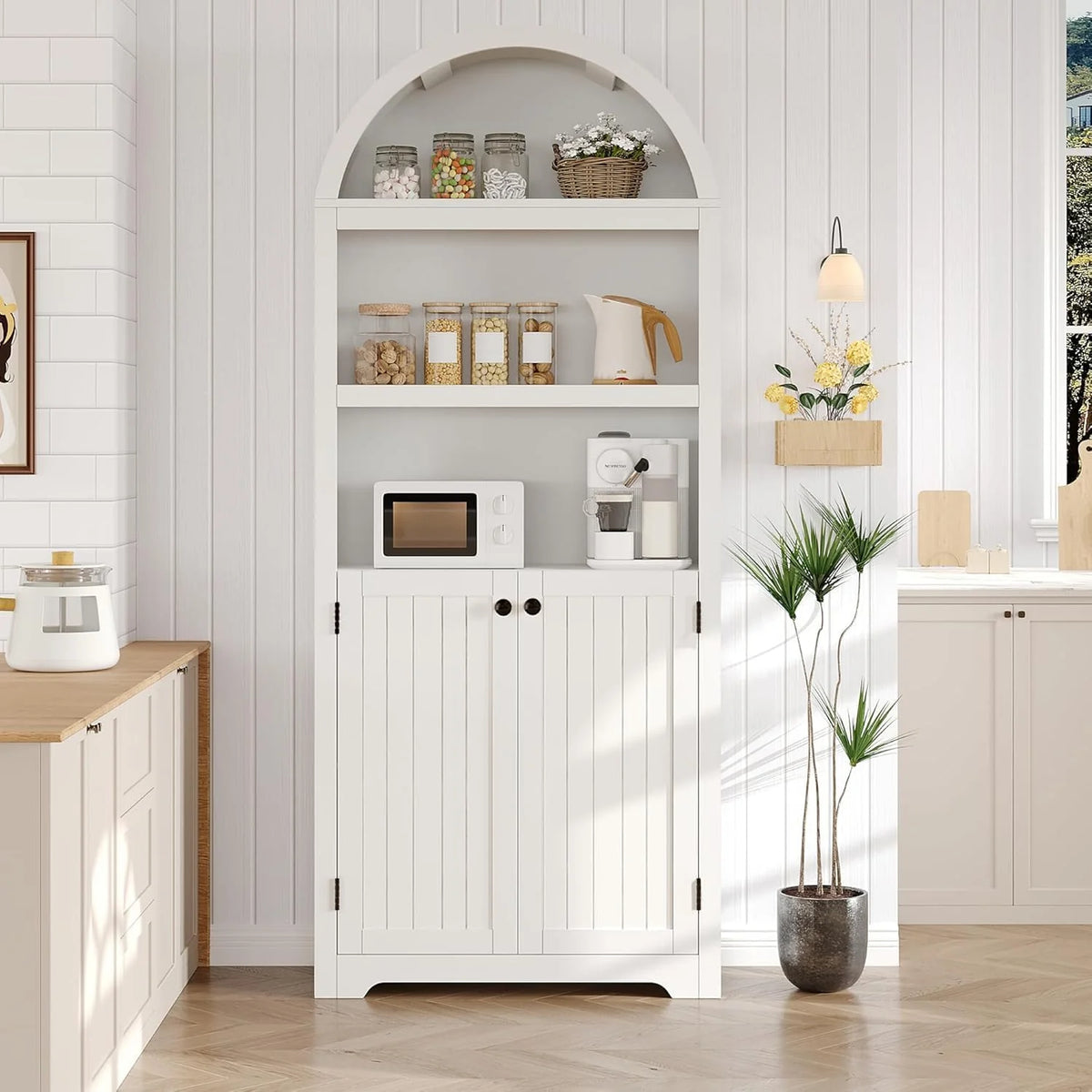 72'' Tall Farmhouse Bookcase. 5 Tier Arched Bookshelf with Double Doors & Adjustable Shelf. Display Storage Shelves. for Bedroom. Living Room. Home Office