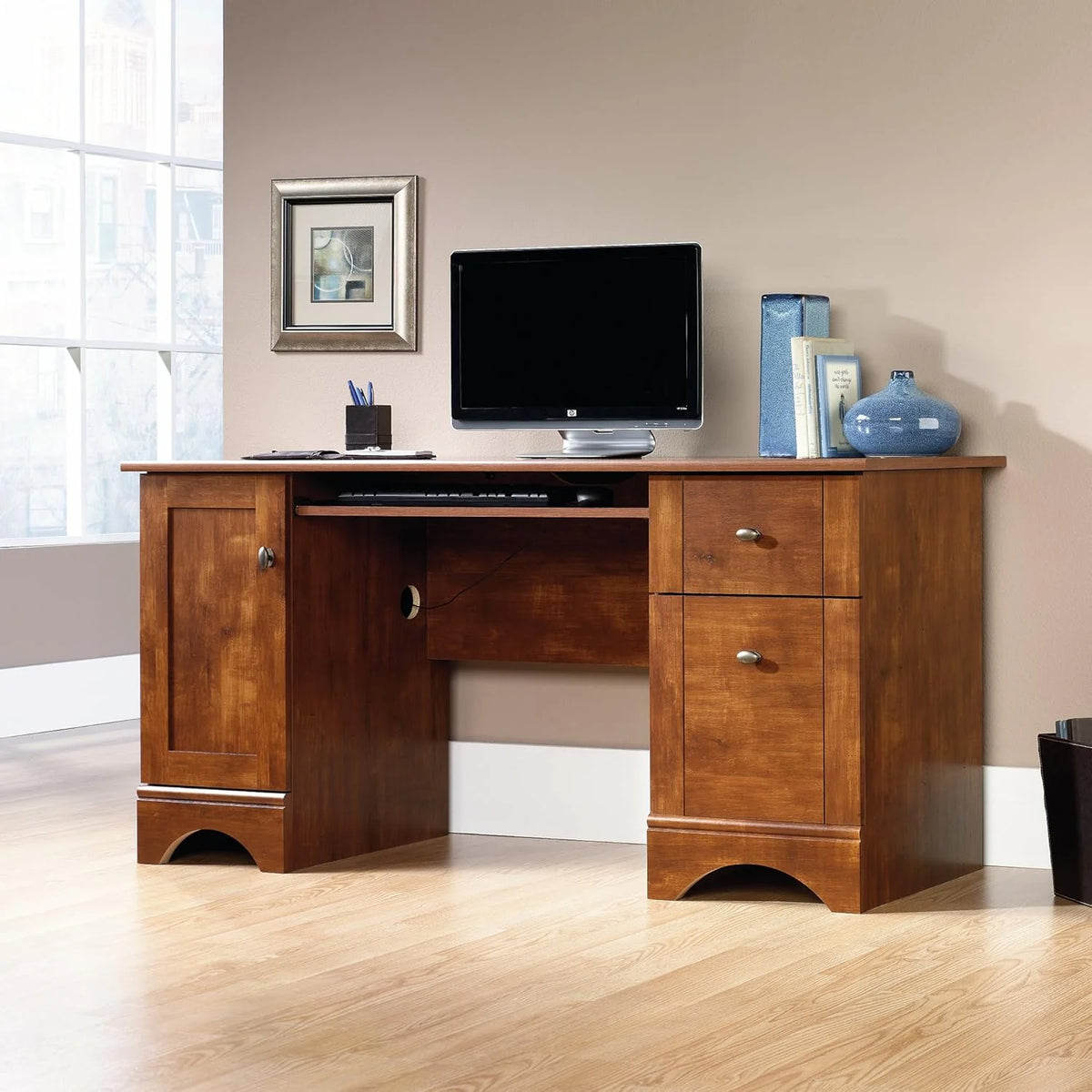 Multifunctional office computer desk. length: 59.45 inches x width: 23.47 inches x height: 29.02 inches. finished with polished maple wood material