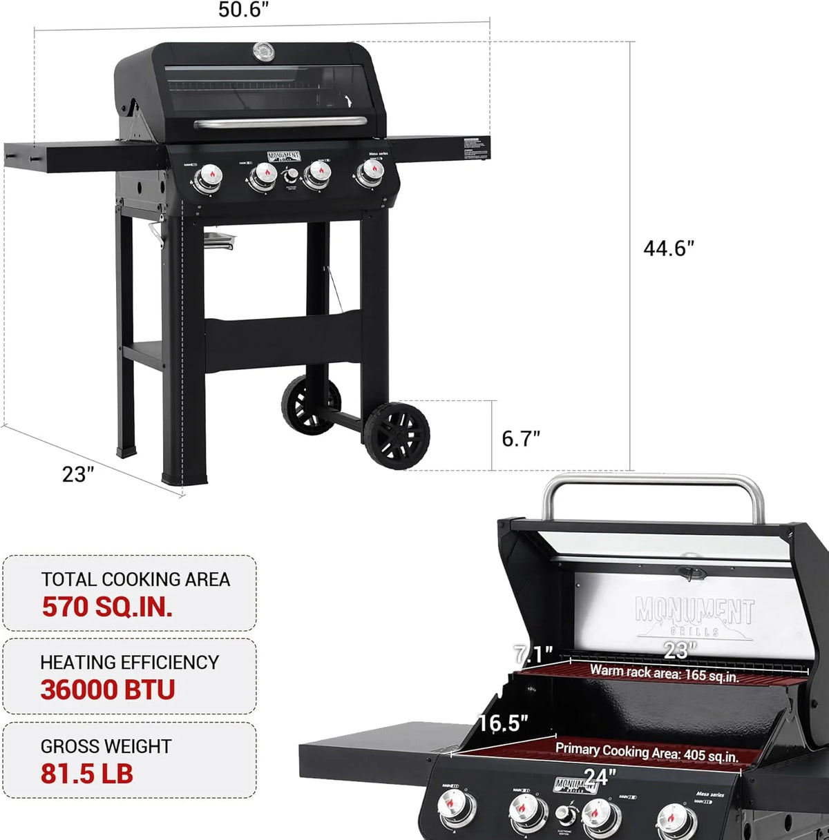 Grills 4-Burner Liquid Propane Gas Grill. Silver Stainless Steel Grill Outdoor Patio Garden Barbecue Grill with Clearview® Lid and One Foldable Shelf. Mesa400MF