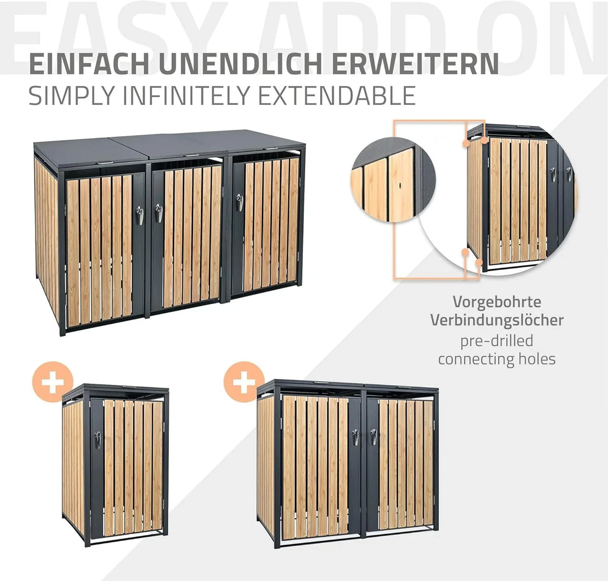 ML-Design Mülltonnenbox 3er 3 Tonnen 240L 200x80x116.3cm Anthrazit-Holzoptik. Stahl wetterfest/abschließbar Mülltonnenverkleidung Klappdeckel/3 Türen.