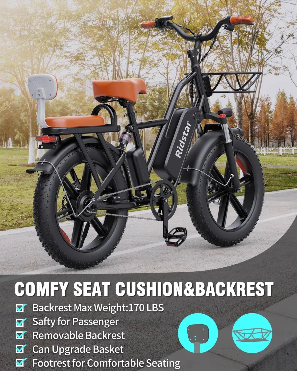 1000W Electric Bike for Adults. 48V 15Ah Removable Battery. 20-Inch x 4.0-Inch Fat Tires