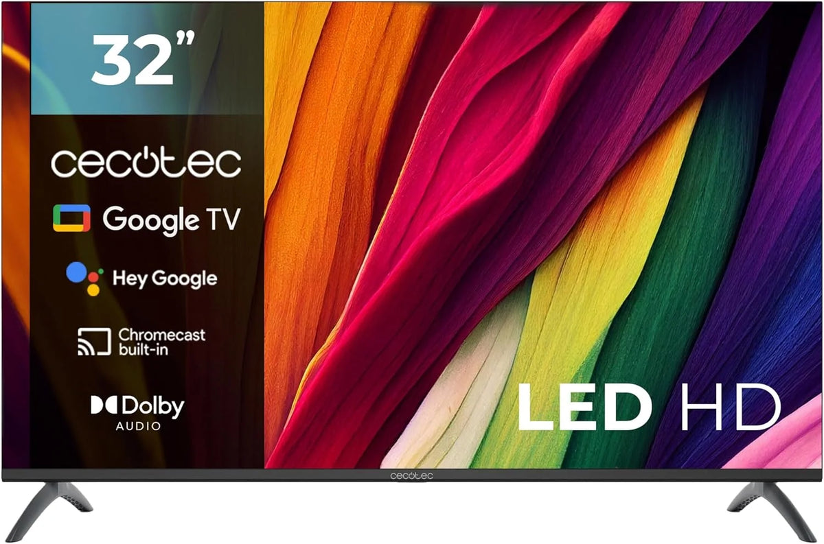 Cecotec Smart TV. Televisor LED de 32 Pulgadas Resolución HD A4 Series ALH40032S. Sistema Operativo Google TV. Dolby Audio. HDR10. 16 GB de ROM.
