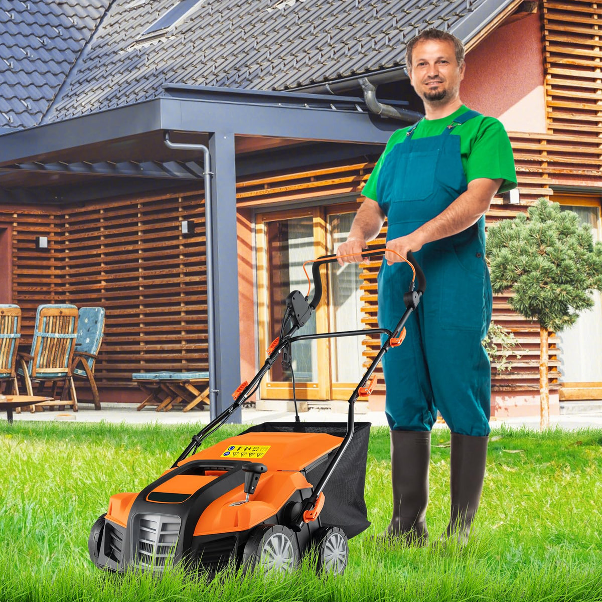 2-in-1 Electric Scarifier and Lawn Dethatcher. 16-Inch 15A Corded Dethatcher with 14.5-Gallon Collection Bag