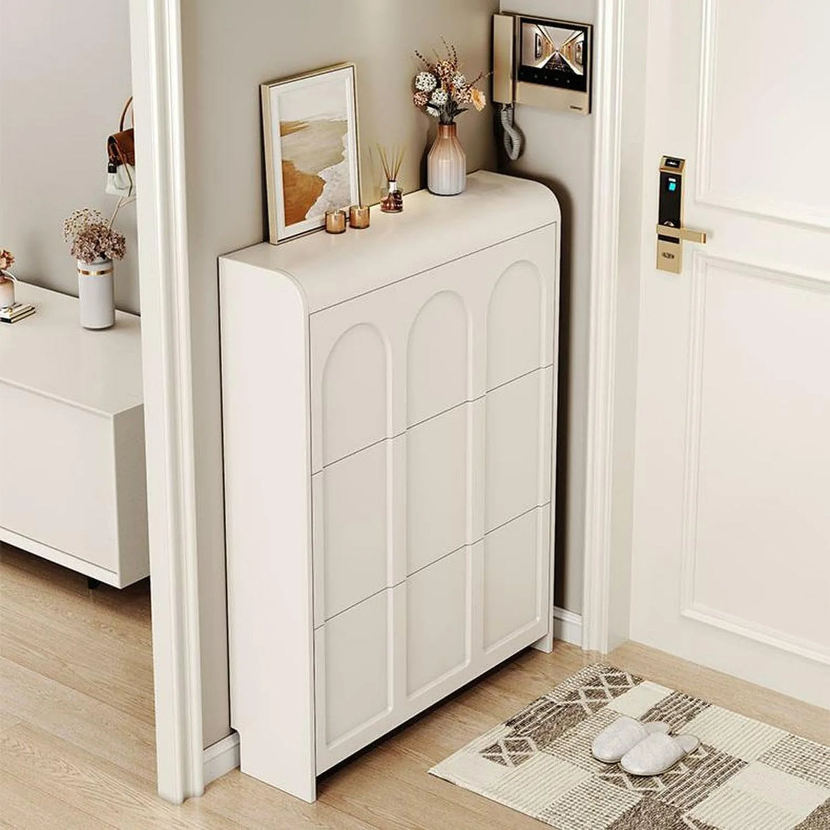 Narrow white artificial wooden shoe cabinet with door. modern entrance shoe rack. standalone hidden shoe cabinet