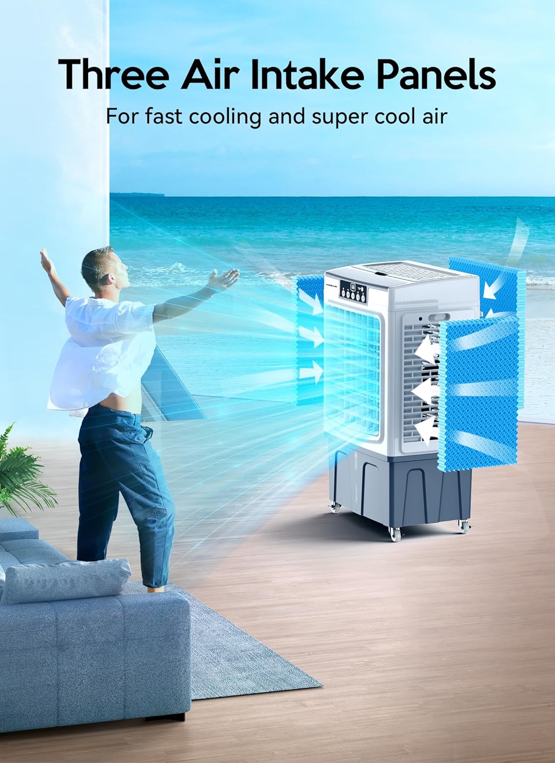 Evaporative Cooler. Air Cooler. 120°Oscillation Swamp Cooler with Remote Control. 24H Timer. 3 Wind Speeds for Outdoor Indoor Use.8 Gallon
