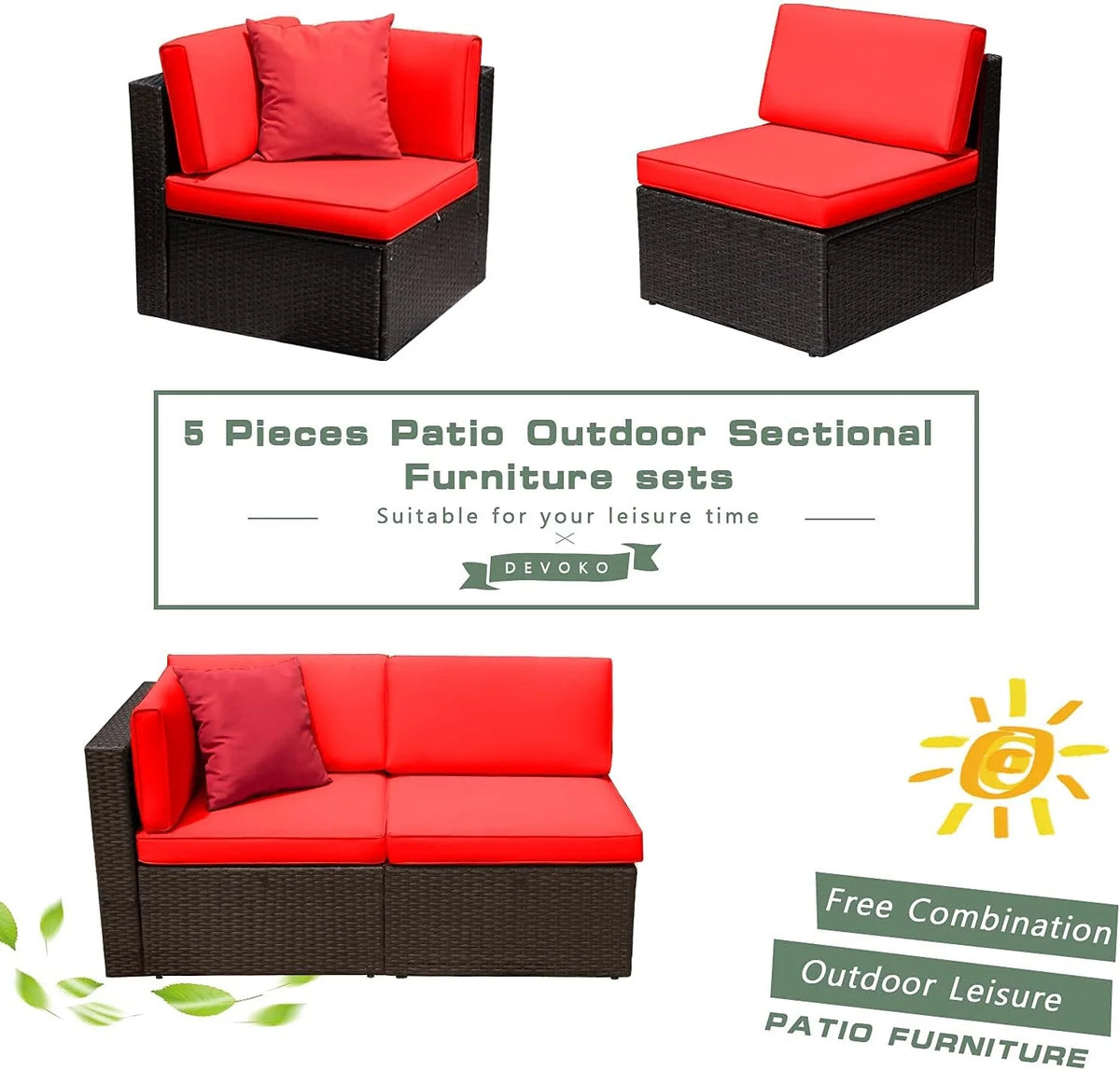 5-Piece All-Weather Patio Furniture Set with Cushions. Outdoor Wicker Conversation Sofa Set for Garden. Deck & Backyard