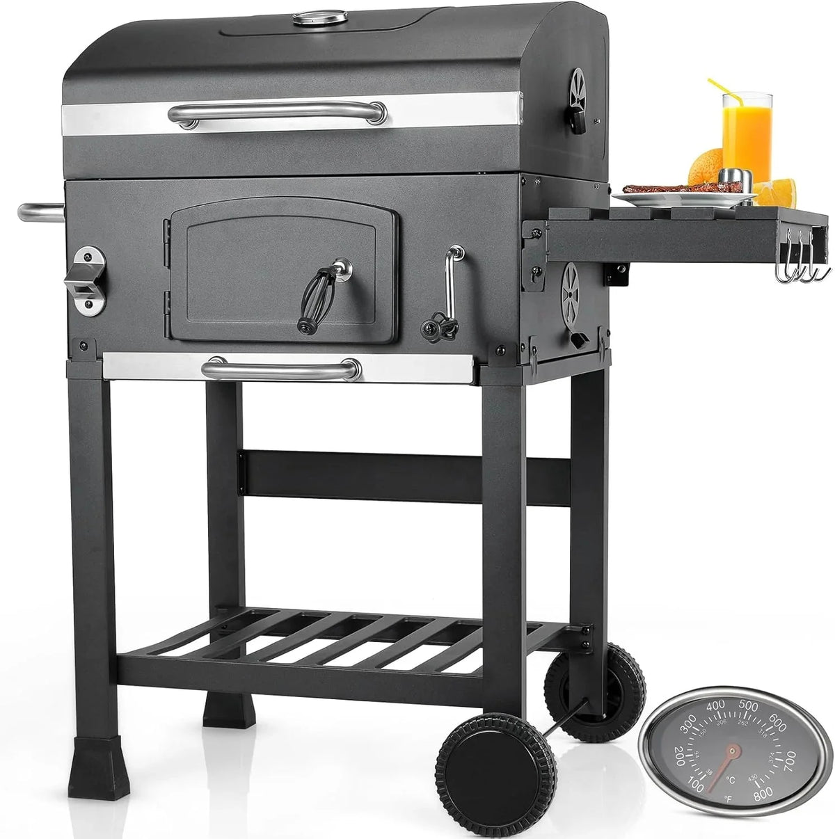 Barbacoa de Carbon XXL. Parrilla de Carbón con Chimenea y Tapa. Parrilla con Carrito BBQ Smoker con Ruedas y Termómetro. Grande BBQ Carbon para