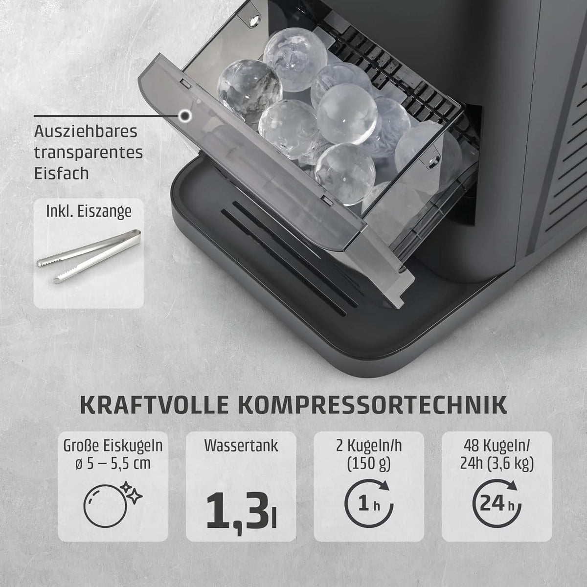 CASO IceBall Pro Eiskugelbereiter mit Kompressor - Kristallklare Eiskugeln 50-55 mm. 2 Kugeln/Stunde. 1.3 l Wassertank. Selbstreinigung. LED-Anzeige.