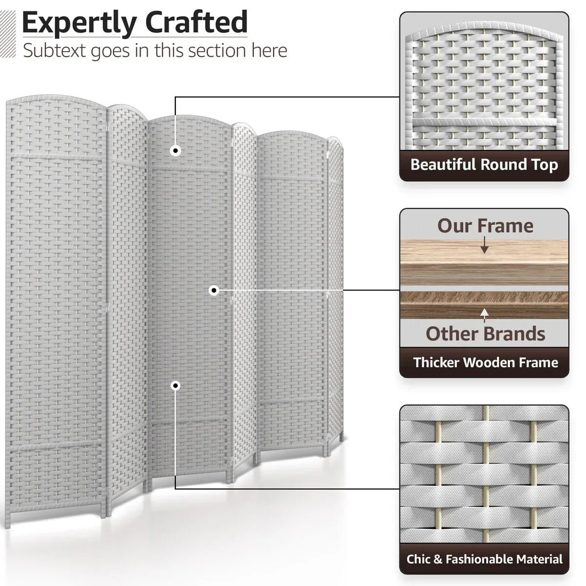 6 Panel Room Divider. 6ft Tall Extra Wide Folding Privacy Screen with Hand-Woven Mesh Panels