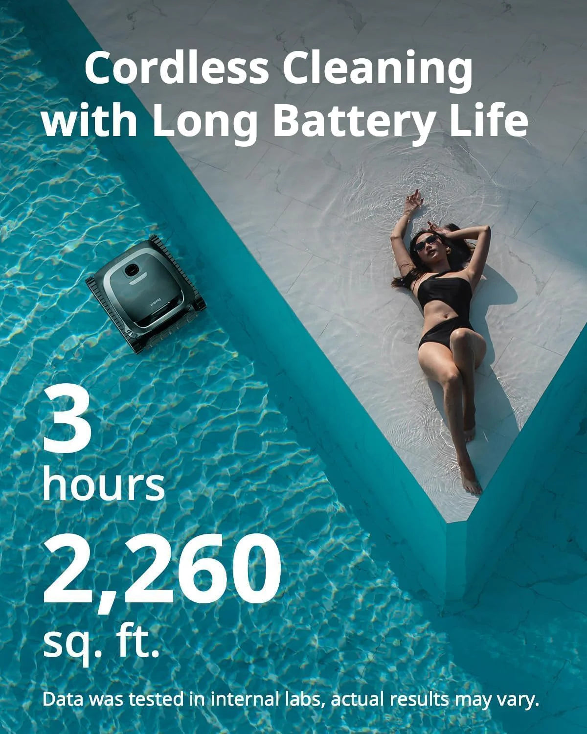 Cordless Robotic Pool Vacuum Cleaner - Intelligent Path Opimization. Cleans Floor. Walls. and Waterline - Suitable for Above & In-Ground Pools up to 2.260 sq.ft. Light Gray