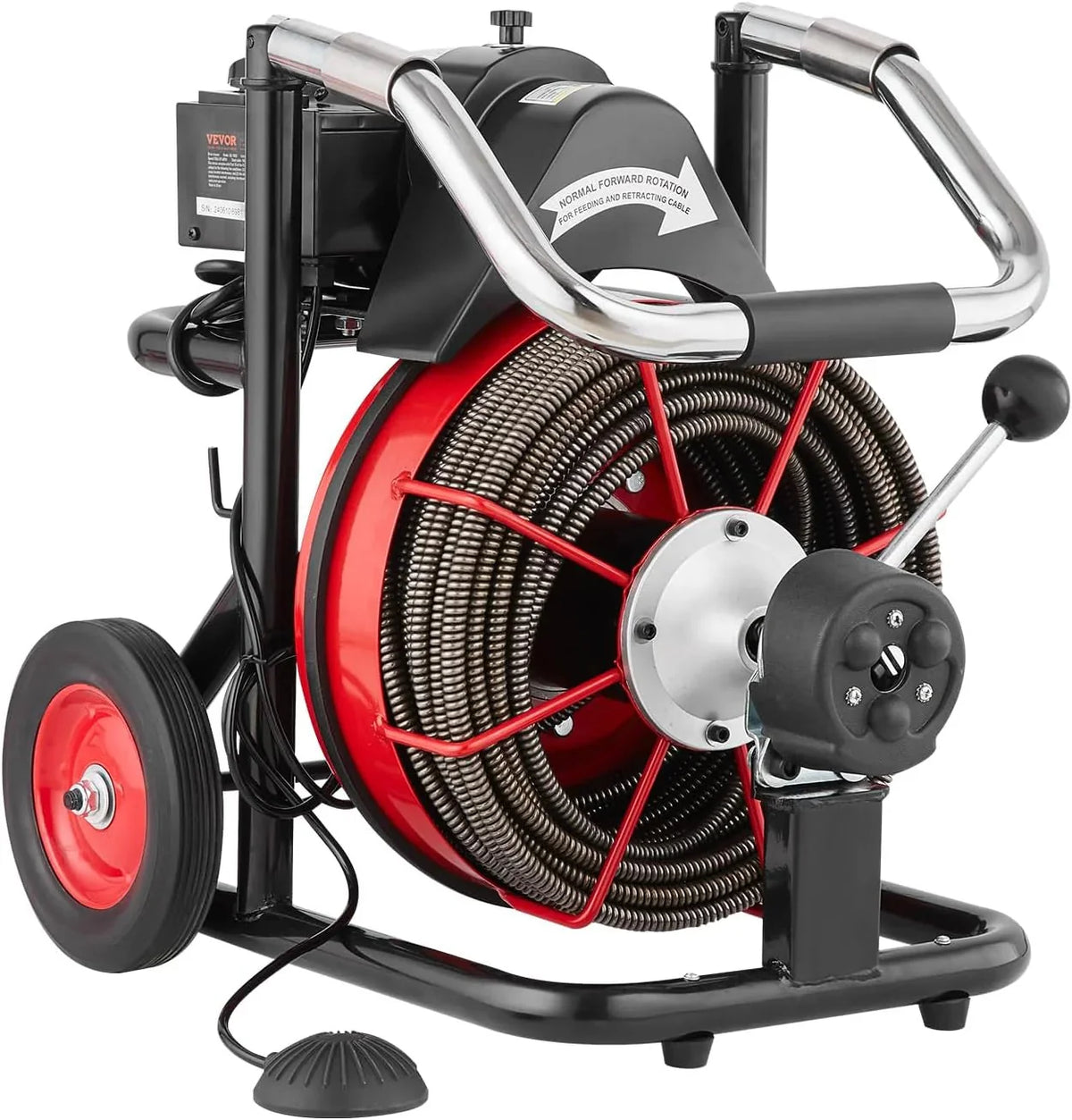 550W Drain Cleaning Machine. 100-Ft. x 1/2-Inch Sewer Snake Auger with 8 Cutters. Wheels and Foot Switch. for 2-4-Inch Pipes