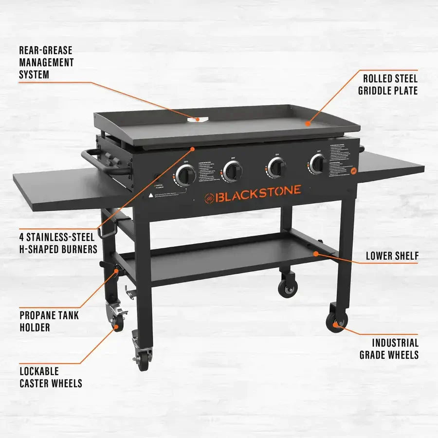 36-Inch 4-Burner Griddle Cooking Station with Side Shelves