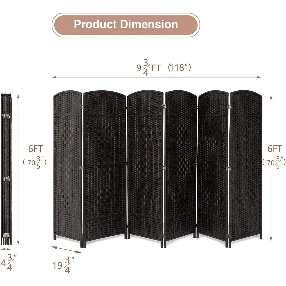 6 FT Tall Woven Fiber Room Divider. Freestanding Folding Privacy Screen