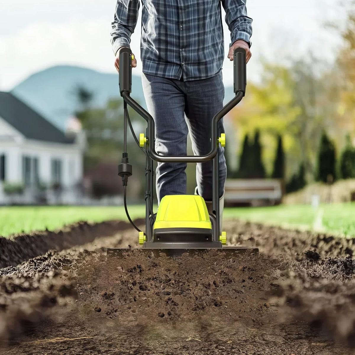 Electric Tiller. 15-Amp 18-Inch Width 9-Inch Depth Corded Tiller Cultivator 24 Durable Steel Tines Gardening Tiller with Adjustable Wheels Foldable