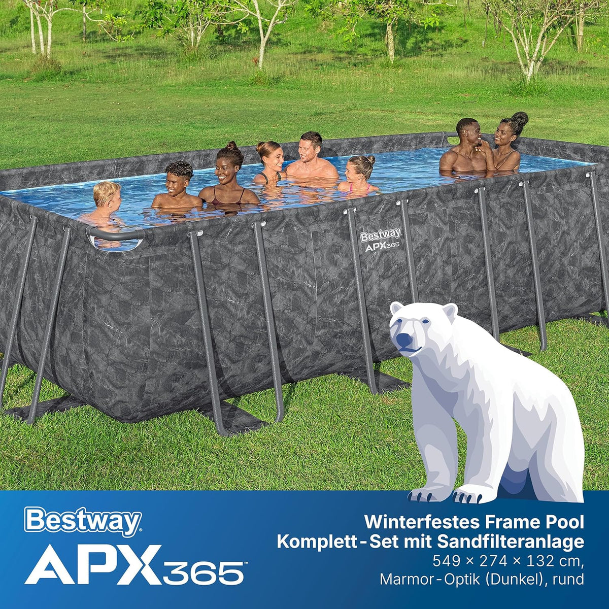 Bestway APX365 Winterfestes Frame Pool Set. Sandfilteranlage. 549 x 274 x 132 cm. 16.477 L. Stahlrahmen. Polar-Shield. Dunkle Marmor-Optik.