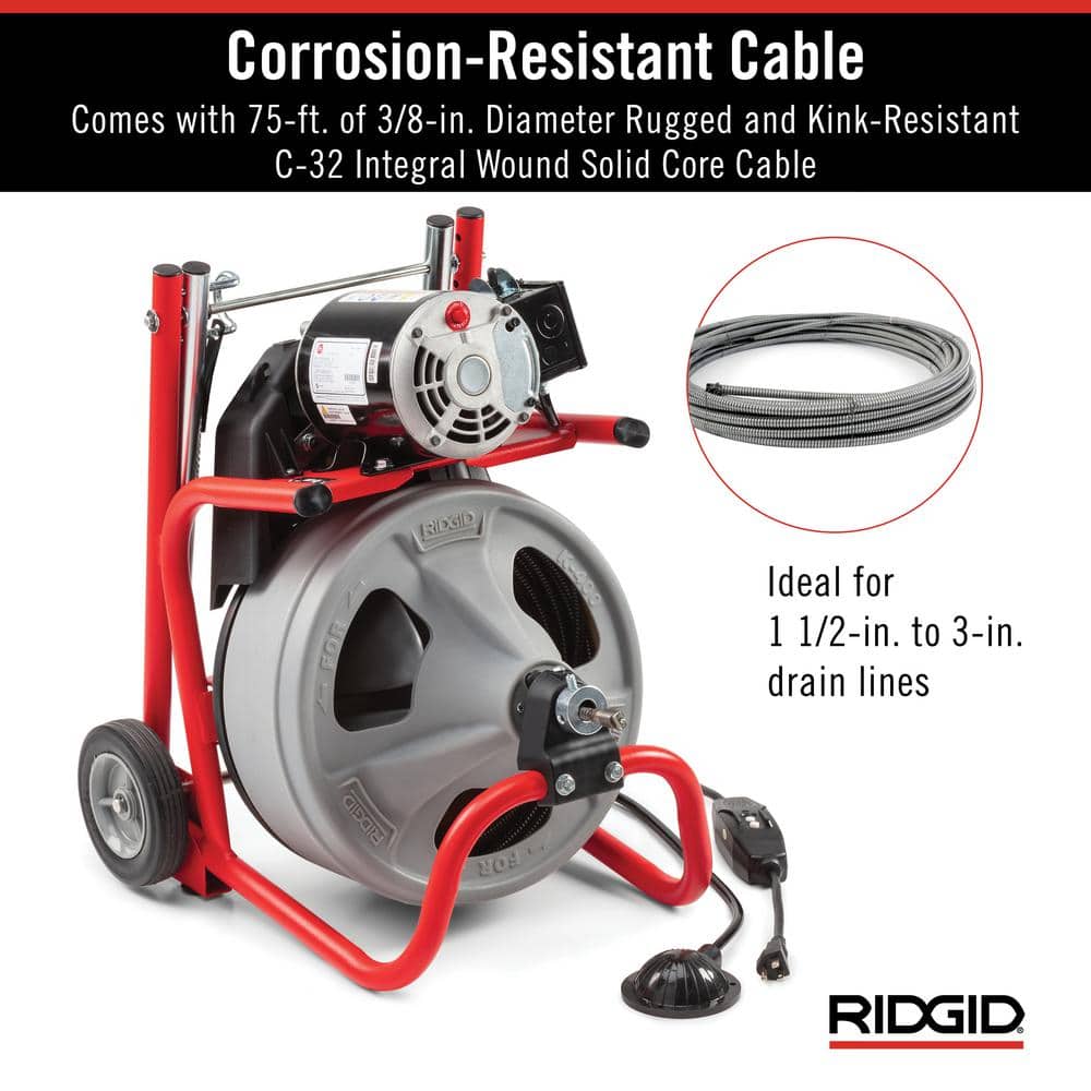 120V Drum Drain Cleaning Snake Auger with 3/8-In. x 75-Ft. Cable. 4-Piece Tool Set and Gloves