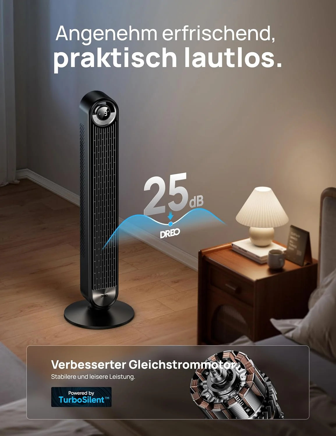 DREO 25 dB Leiser Smart Turmventilator. 106cm Höhe 4 Modi 9-Geschwindigkeit Max 7.9m/s 12H Timer 90° Oszillierender Ventilator mit Fernbedienung