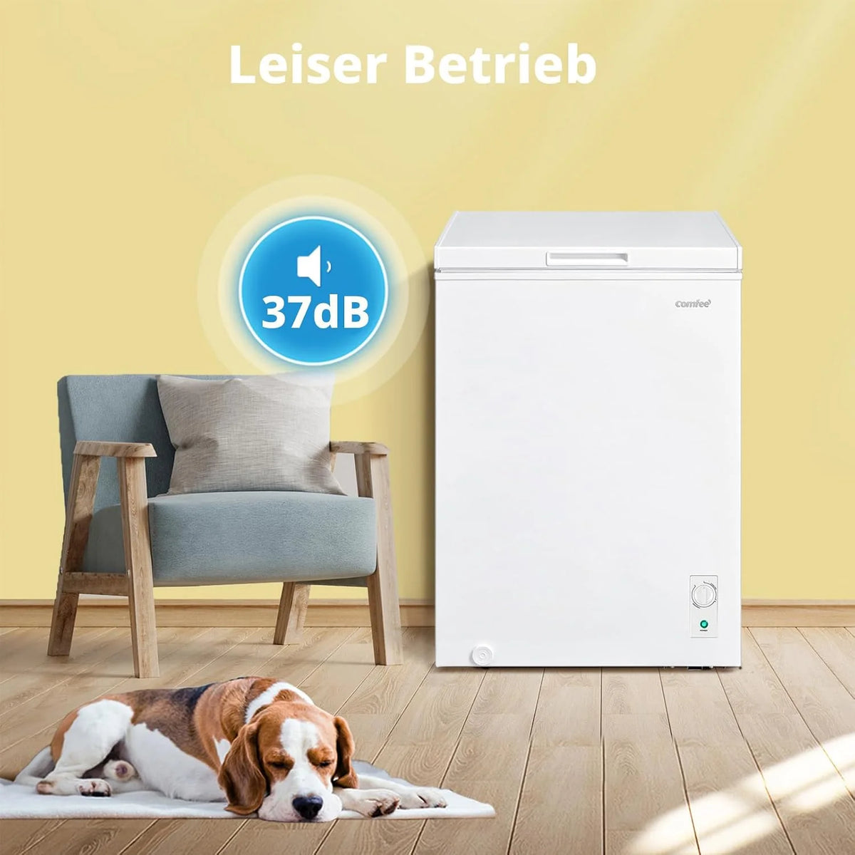 Comfee 198L Gefriertruhe. leise 37 dB. 4-Sterne-Gefrieren. Kühl-/Gefrier-Konvertierung (1–10°C / -24––12°C). 24‐h‐Schnellgefrierung 9kg.