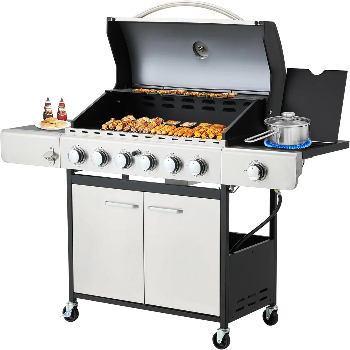 4-Burner Propane Gas Grill with Cast Iron Grates. Side Stove and 44.000 BTU Stainless Steel Burners