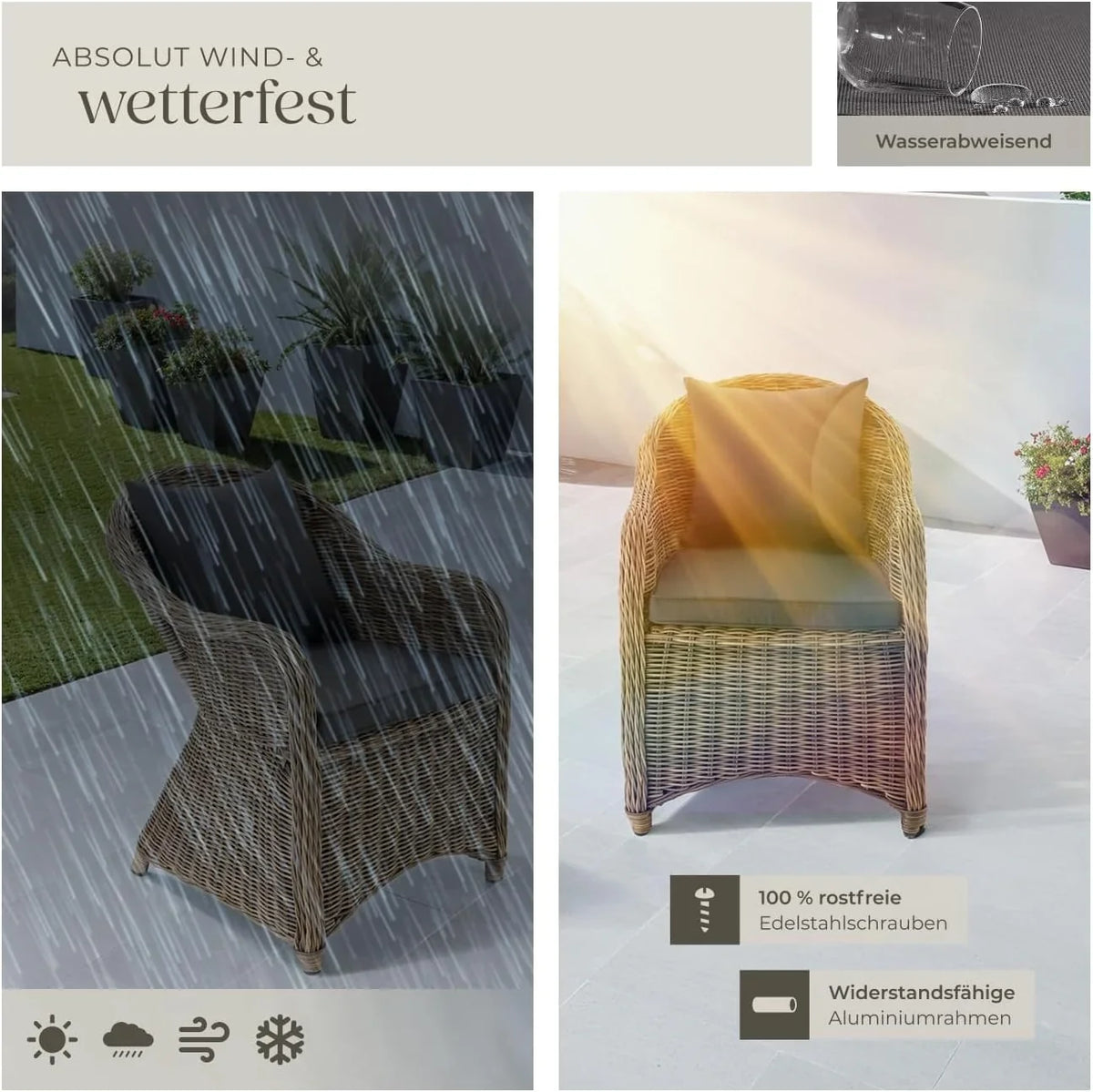 tectake Alu Polyrattan Gartenstuhl 2er Set. Gartenmöbel Set mit 2 Sessel. wetterfest. Rattan Gartensessel mit weichen Sitzpolster. abziehbarer und