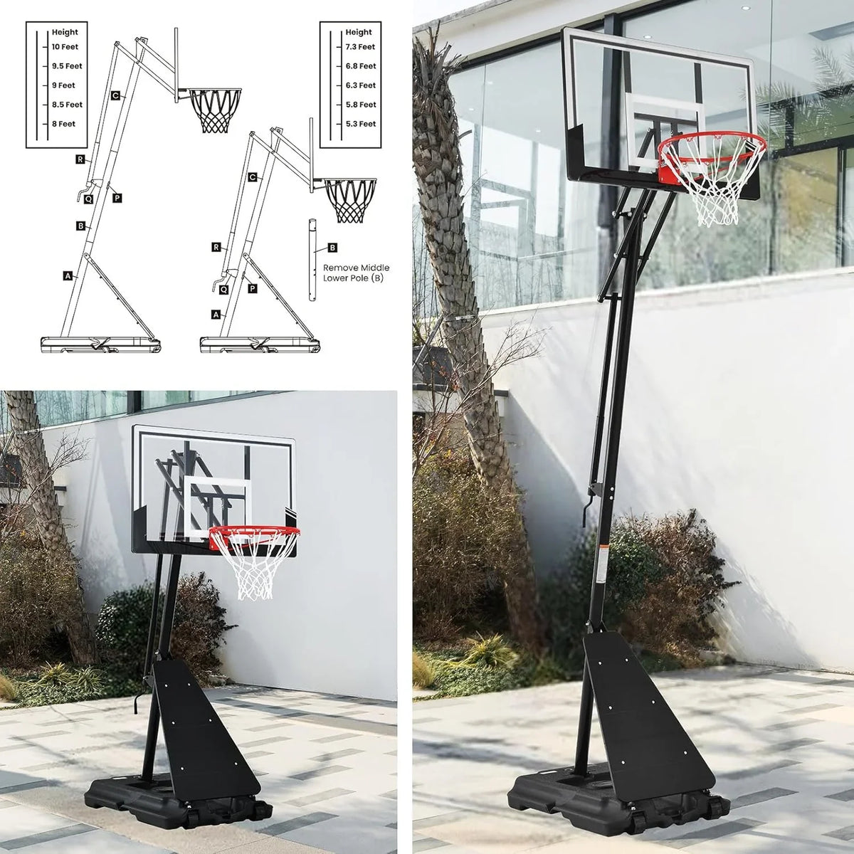 Basketball Hoop 48 Inch Backboard Portable Basketball Hoop Outdoor.5.3-10ft Stepless Regulation Crank Adjust Basketball Goal System