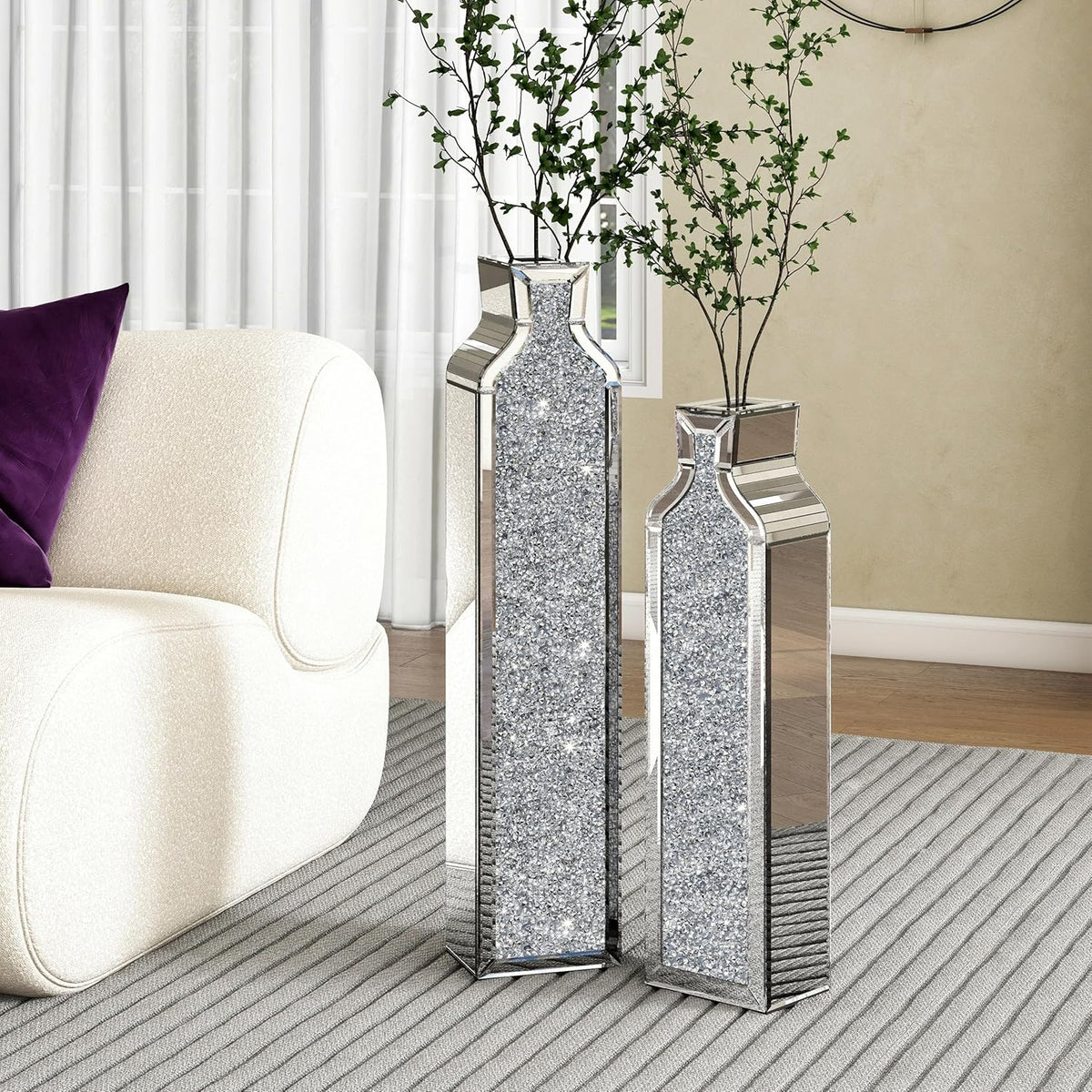 Floor vase crushing diamond reflective vase - Silver floor-style vase set (2-piece) - 24-inch and 30-inch large crystal goblet vases. suitable for living rooms. dining rooms. bedrooms. home corners. corridors. indoor offices and floors.