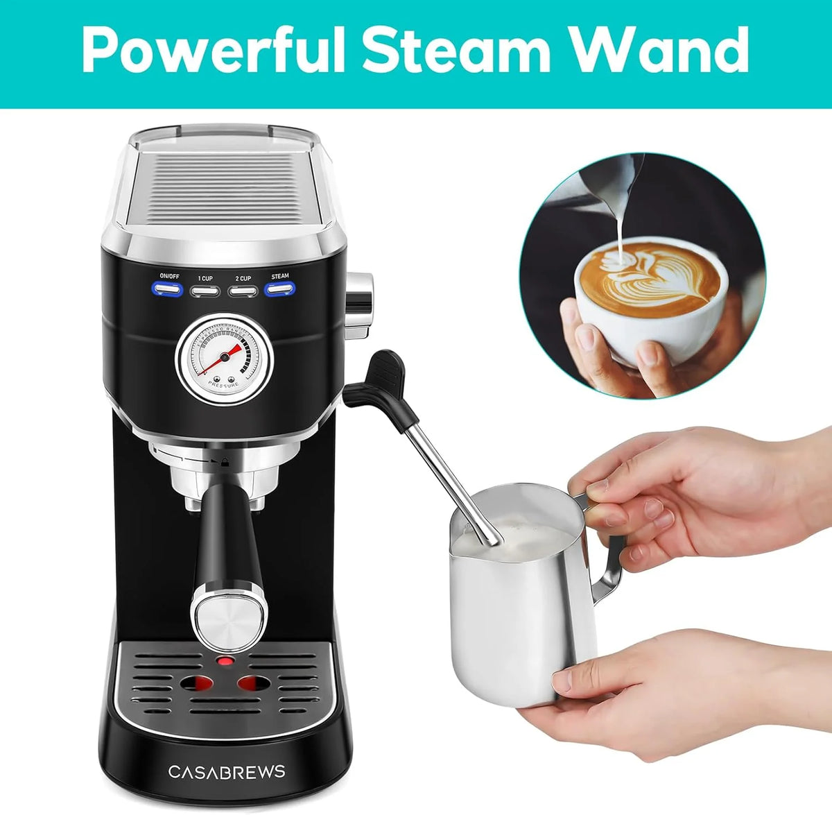 Espresso Machine 20 Bar. Compact Espresso Maker with Steam Milk Frother. Stainless Steel Coffee Machine with 34oz Removable Water Tank for Cappuccino. Latte. Silver