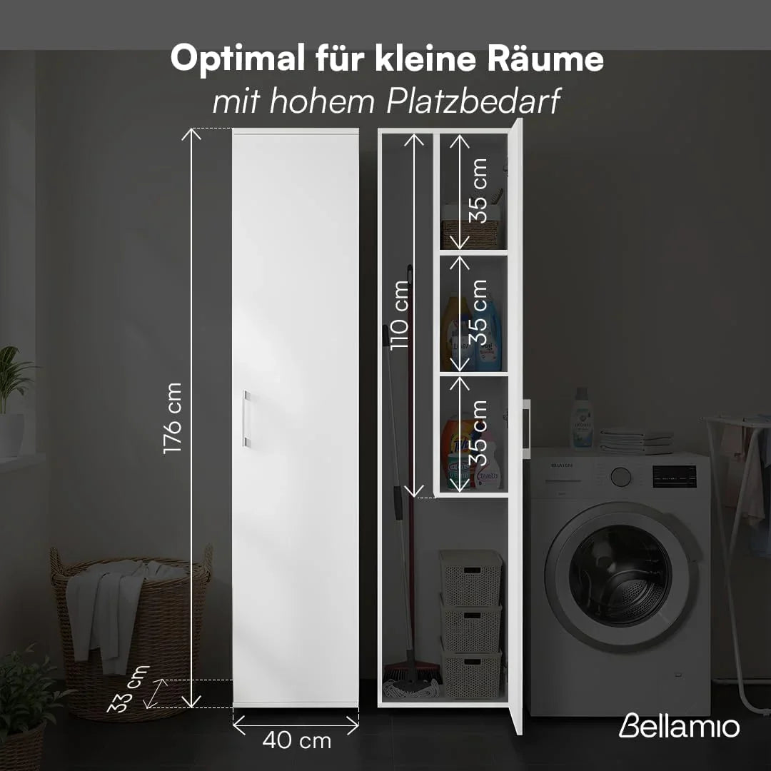 Bellamio Apol Besenschrank - Mehrzweckschrank 40 cm breit Weiß - Vorratsschrank mit Staubsaugerfach - Putzschrank aus Holz - Flurschrank mit Stauraum