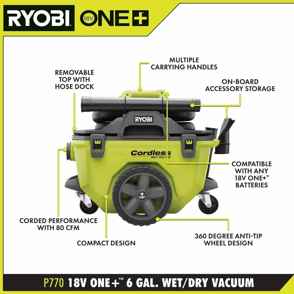 18V Cordless 6-Gallon Wet/Dry Vacuum Kit with 4.0Ah Battery. Charger and Accessories