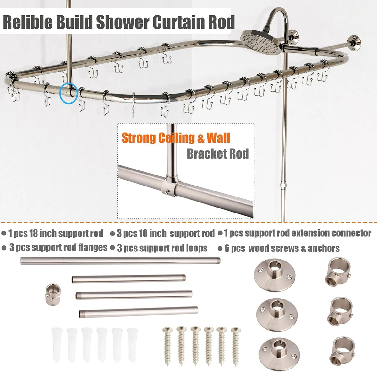Clawfoot Tub Shower Kit. Add On Shower Units With Bathcock Diverter Faucet and 48 X 27 Rectangular Claw foot Tub Shower Curtain Rod Kit.Claw foot Tub Shower Faucet Set.Brushed Nickel