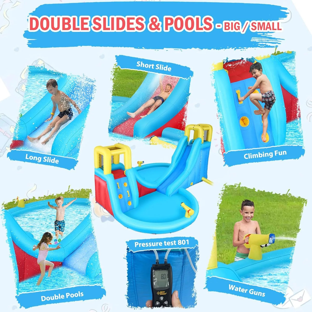 Inflatable Water Slide. 6 in 1 Outdoor Inflatable Water Park with Climbing. Basketball Rim. Splash Pool. Water Cannon. Blow up Water Slides for Kids Backyard