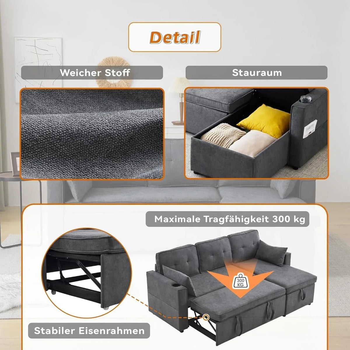 Sofá Cama 3 plazas con Portavasos y Bolsa Pasamanos Lateral. Sofá en Forma de L. Intercambiable a la Derecha y a la Izquierda. Gris