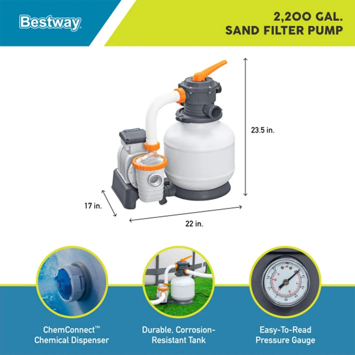 2.200 GPH Sand Filter Pump for Above Ground Pools. High Flow Swimming Pool Filtration System
