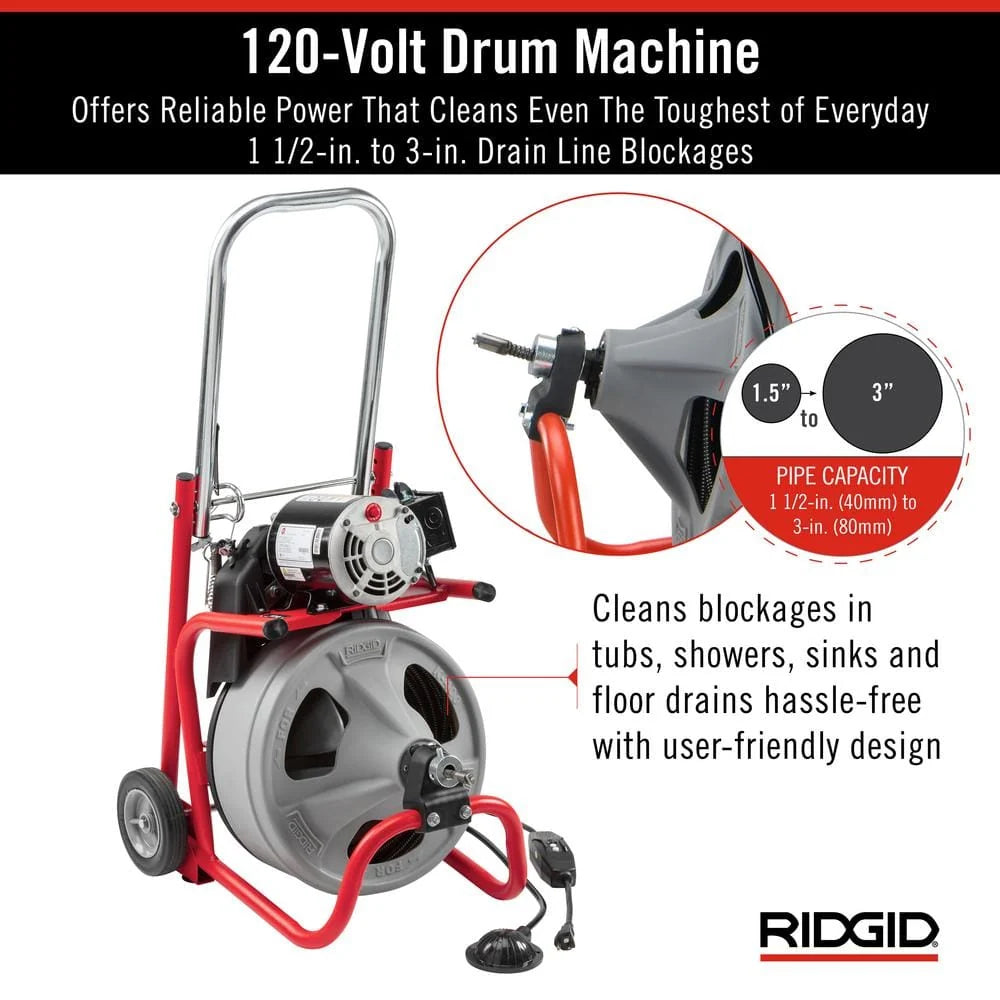 120V Drum Drain Cleaning Snake Auger with 3/8-In. x 75-Ft. Cable. 4-Piece Tool Set and Gloves